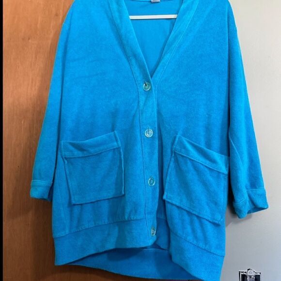 Land's End Women's Terry Cloth Oversized Cardigan Sweater Vintage Turquise Sz S - Picture 2 of 4